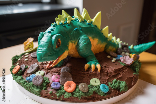 Funny dinosaur birthday cake, Generative AI
