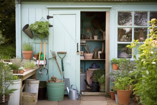 close-up of garden shed door with plant pots and watering can visible, created with generative ai