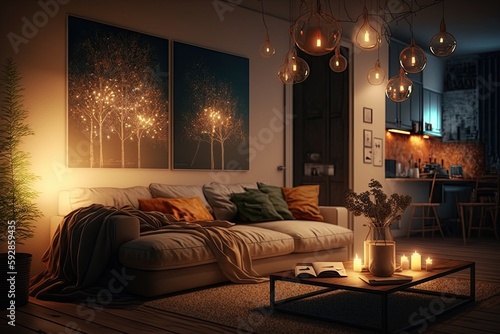 living room with dimmed lights, warm and cozy atmosphere, created with generative ai