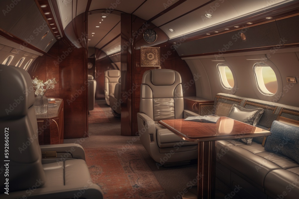 Private jet interior. luxurious corporate plane inside design generative ai Private jet interior. luxurious corporate plane inside design generative ai