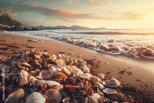 The beauty of seashells on a sandy beach creates a scenic horizon view perfect for outdoor enthusiasts and nature lovers. The coastal environment and waves add to the natural beauty. AI Generative.