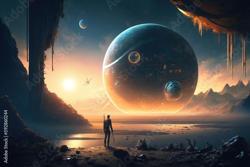 An explorer lands on new world against the background of alien landscape. Science Fiction concept. Created using Generative AI