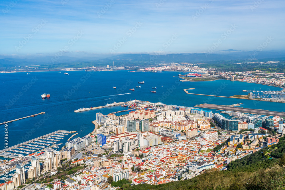 View of Gibraltar, Algeciras Bay and La Linea de la Concepcion from the Upper Rock, UK