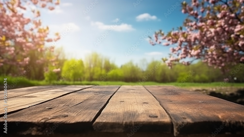 Empty wood table in front of cherry blossom and blue sky at summer blurred background concept image for product commercial ad Generative AI Empty wood table in front of cherry blossom and blue sky at summer blurred background concept image for product commercial ad Generative AI