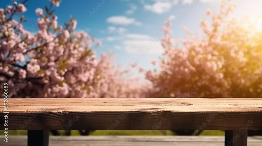 Empty wood table in front of cherry blossom and blue sky at summer blurred background concept image for product commercial ad Generative AI