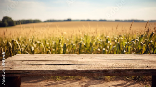 Empty wood table in front of corn field farm and blue sky at summer blurred background concept image for product commercial ad Generative AI