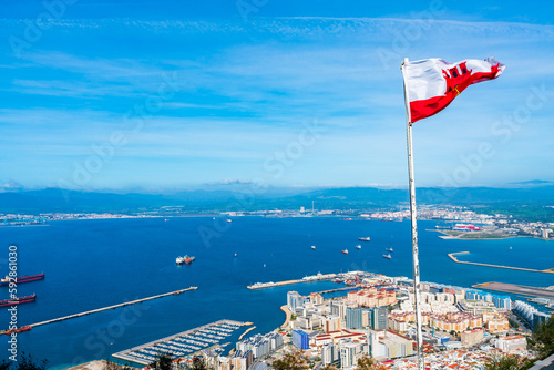 View of Gibraltar town and Spanish coast across Bay of Gibraltar from the Upper Rock, Gibraltar,UK