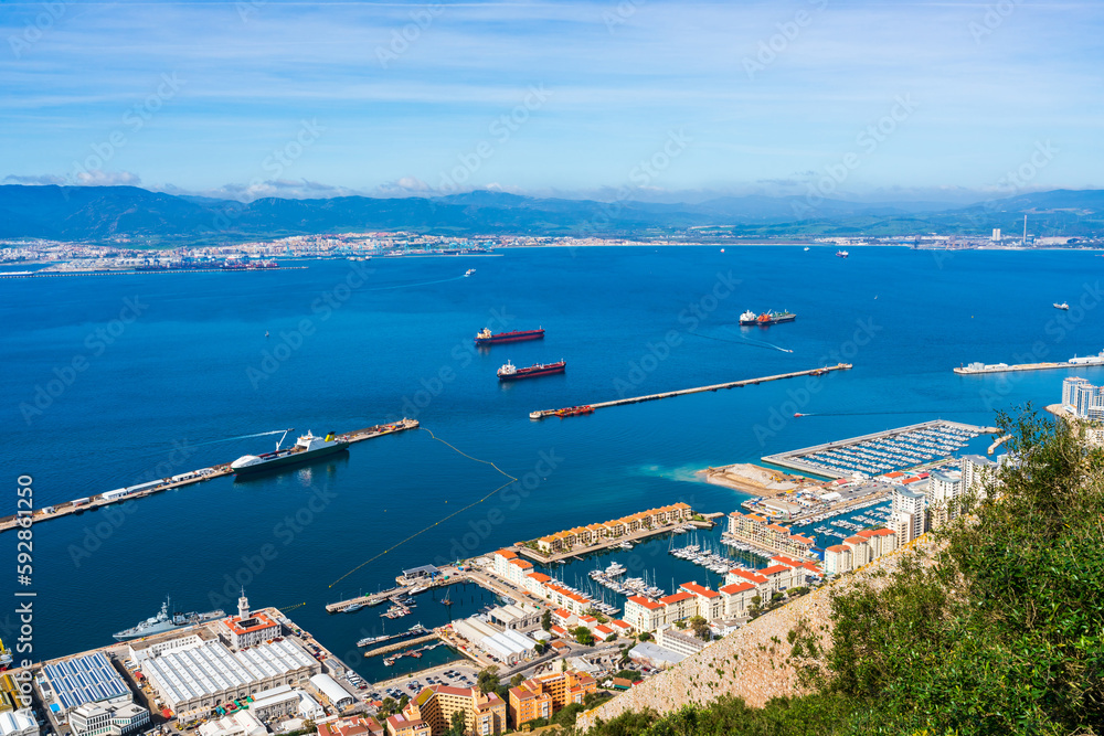 View of Gibraltar town and Spanish coast across Bay of Gibraltar from the Upper Rock, Gibraltar,UK