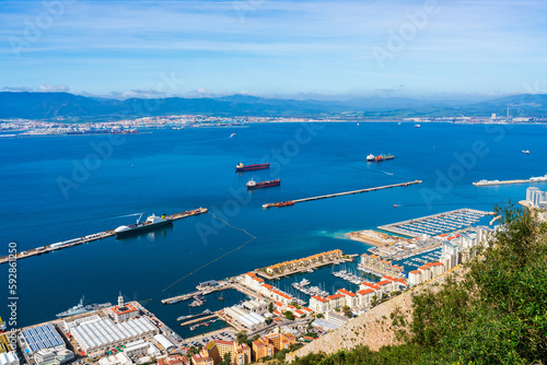 View of Gibraltar town and Spanish coast across Bay of Gibraltar from the Upper Rock, Gibraltar,UK