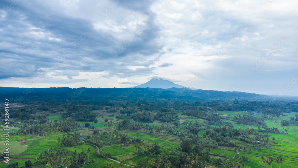 High angle view of Paddy Fields and Mount Seulawah Agam.