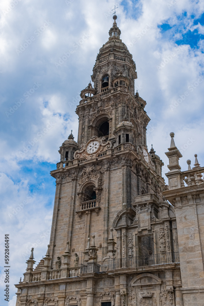 Berenguela or Clock tower of Santiago de Compostela cathedral. Cloudy day