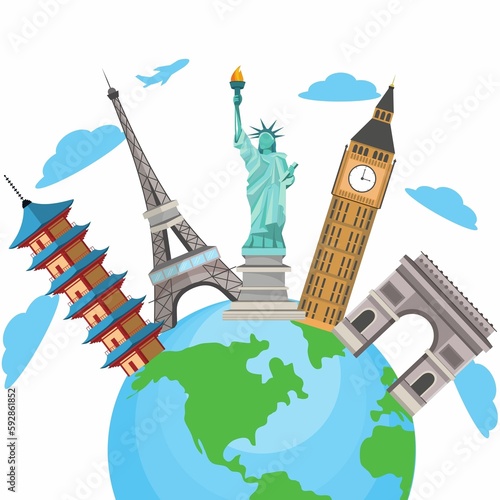 A cartoon image of travel and tourism icon used by travel agency bloggers.