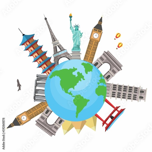 A cartoon image of travel and tourism icon used by travel agency bloggers.