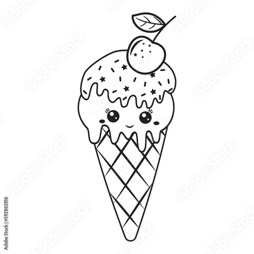 Ice cream dessert kawaii in a waffle cup, black outline, vector illustration in doodle style.