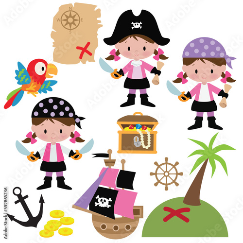 Cute little pirate girl vector cartoon illustration