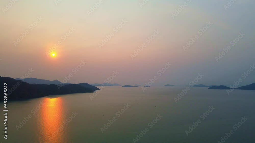 Orange sunset, Beach koh chang island. Amazing aerial view flight drone Orange sunset, Beach koh chang island. Amazing aerial view flight drone