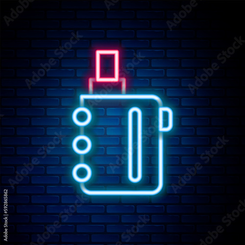 Glowing neon line Electronic cigarette icon isolated on brick wall background. Vape smoking tool. Vaporizer Device. Colorful outline concept. Vector