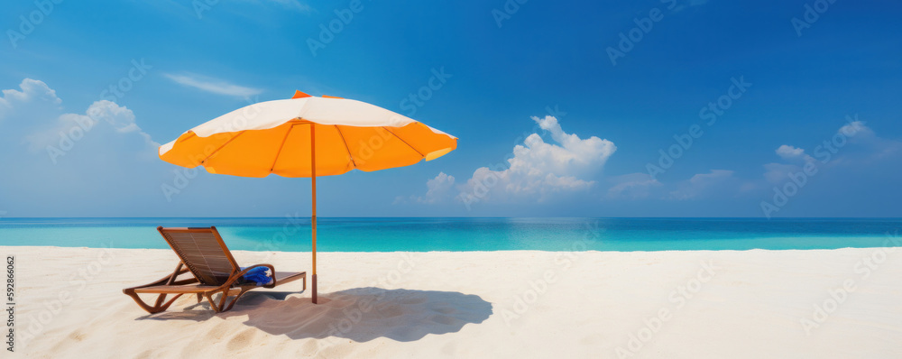 Relax in style on a beautiful white sand beach with beach chairs and an umbrella, set against a stunning blue sky and ocean. Perfect for vacation and resort concepts. AI Generative.