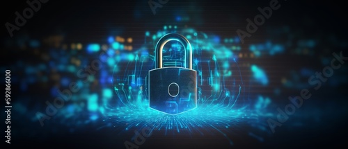 Neon cyber security lock, cyber security lock in blue. Generative AI