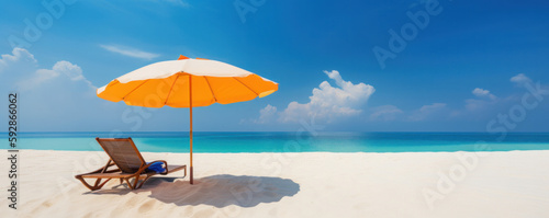 Relax in style on a beautiful white sand beach with beach chairs and an umbrella, set against a stunning blue sky and ocean. Perfect for vacation and resort concepts. AI Generative. © sorapop