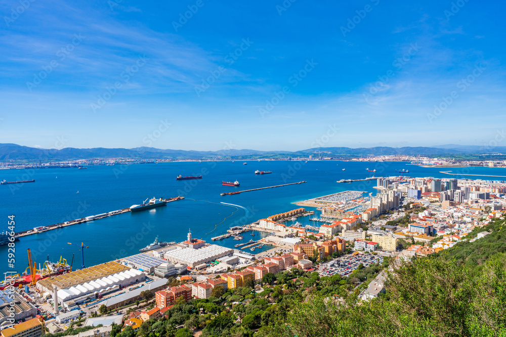 View of Gibraltar town and Spain across Gibraltar Bay from the Upper Rock. UK