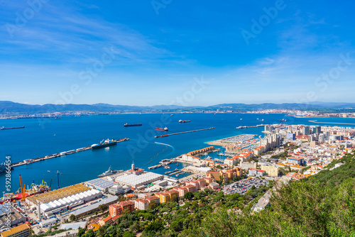 View of Gibraltar town and Spain across Gibraltar Bay from the Upper Rock. UK © beataaldridge