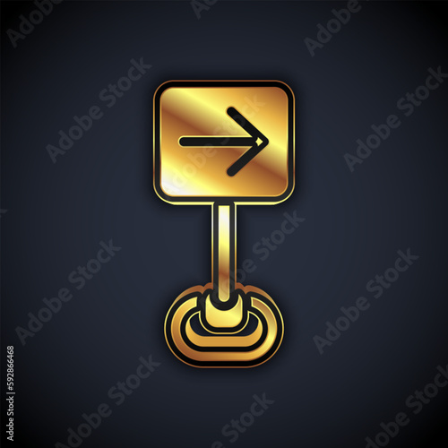 Gold Traffic sign turn right warning attention icon isolated on black background. Traffic rules and safe driving. Vector