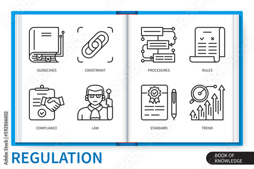 Regulation infographics elements set. Procedures, rules, constraint, guideline, standard, trend, law, compliance. Web vector linear icons collection
