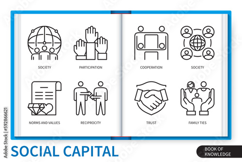 Social capital infographics elements set. Participation, network, reciprocity, family ties, society, norms and values, cooperation, trust. Web vector linear icons collection