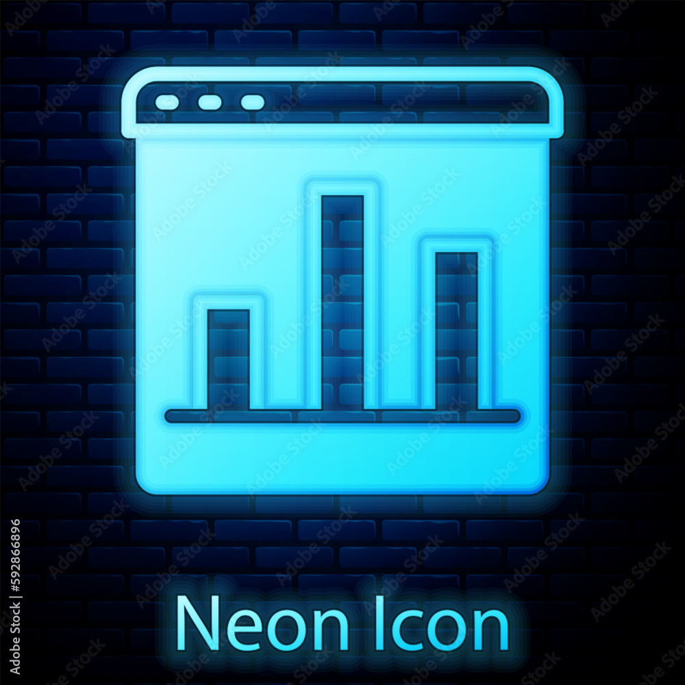 Obraz premium Glowing neon Graph, chart, diagram, infographic icon isolated on brick wall background. Vector