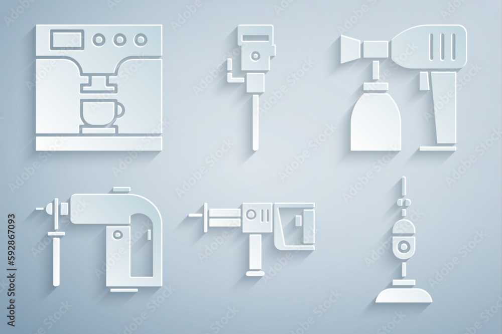 Set Rotary hammer drill machine, Paint spray gun, Vacuum cleaner, Construction jackhammer and Coffee and cup icon. Vector Set Rotary hammer drill machine, Paint spray gun, Vacuum cleaner, Construction jackhammer and Coffee and cup icon. Vector