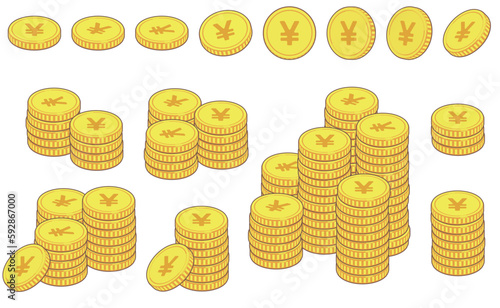 積まれた日本円イメージのコインのイラストの素材セット