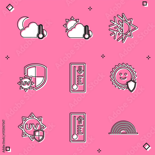 Set Thermometer and cloud, moon, sun, Sun snowflake, UV protection, Meteorology thermometer, and icon. Vector