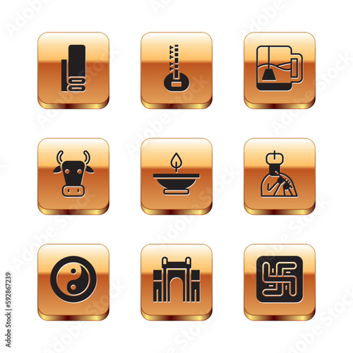Set Indian textile fabric, Yin Yang, Gate Delhi, Aroma lamp, Cow, Cup of tea with tea bag, Hindu swastika and Sitar icon. Vector