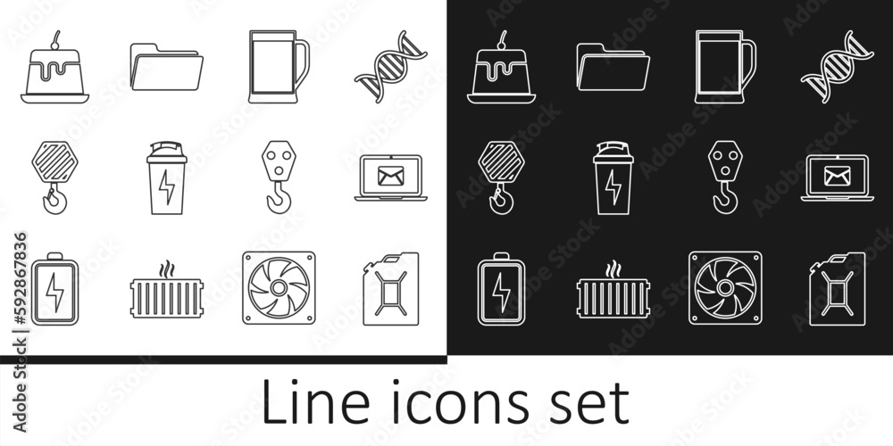 Set line Canister for gasoline, Laptop with envelope, Glass of beer, Fitness shaker, Industrial hook, Pudding custard, and Folder icon. Vector