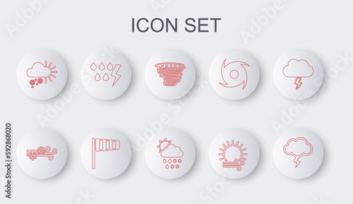 Set line Storm, Wind and snow, Tornado, sun, Cloudy with, Cone windsock wind vane and rain, icon. Vector