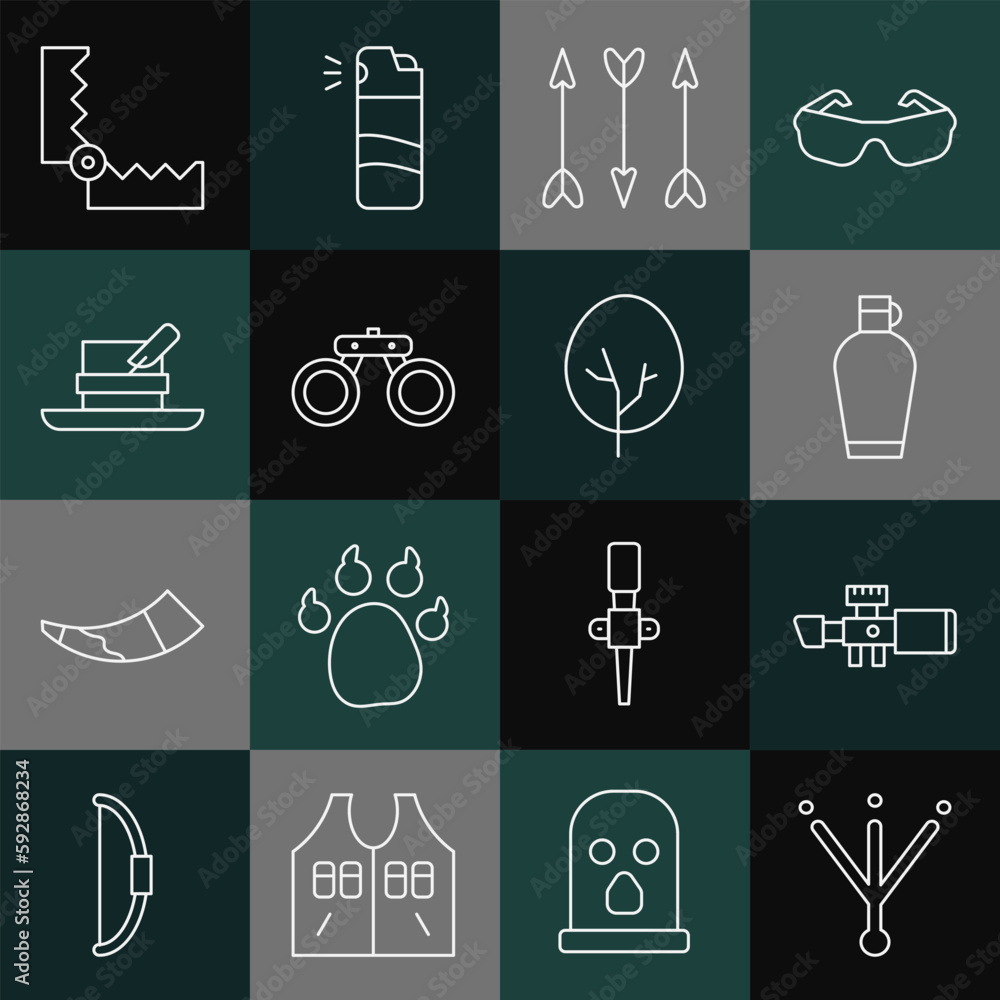 Set line Bird footprint, Sniper optical sight, Canteen water bottle, Hipster arrows, Binoculars, Hunter hat with feather, Trap hunting and Tree icon. Vector Set line Bird footprint, Sniper optical sight, Canteen water bottle, Hipster arrows, Binoculars, Hunter hat with feather, Trap hunting and Tree icon. Vector