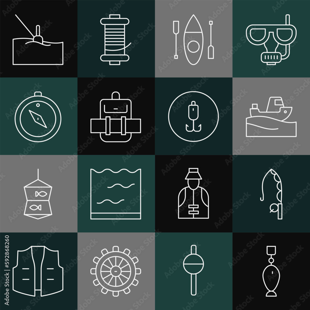 Set line Fishing spoon, rod, boat water, Kayak or canoe, Hiking backpack, Compass, float and hook icon. Vector Set line Fishing spoon, rod, boat water, Kayak or canoe, Hiking backpack, Compass, float and hook icon. Vector