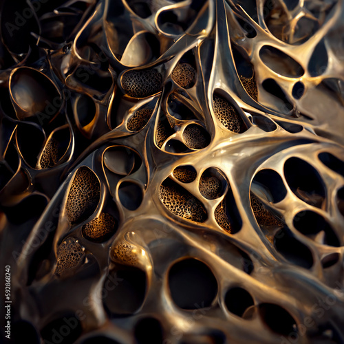 Abstract gold wavy shapes texture. Futuristic abstract background. Generative AI.