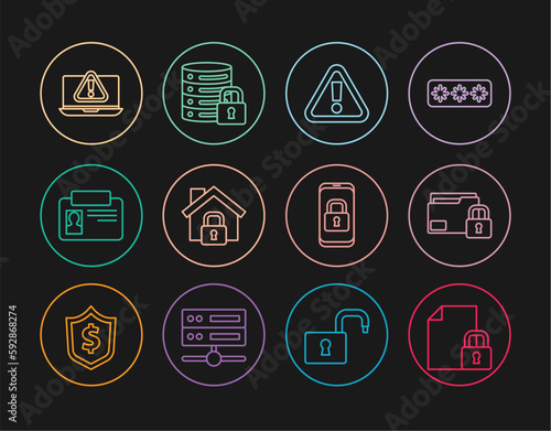 Set line Document and lock, Folder, Exclamation mark in triangle, House under protection, Identification badge, Laptop with exclamation, Mobile closed padlock and Server security icon. Vector