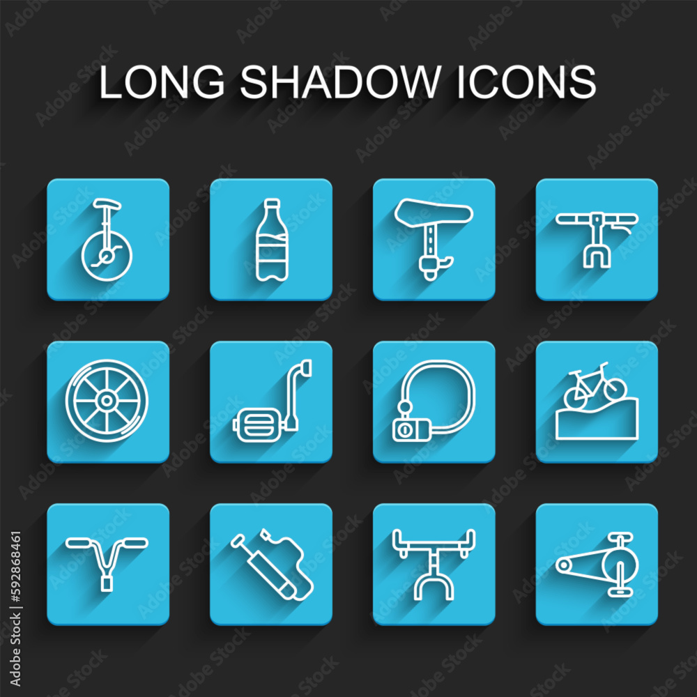 Set line Bicycle handlebar, air pump, Unicycle or one wheel bicycle, chain with gear, pedal, Mountain and lock icon. Vector Set line Bicycle handlebar, air pump, Unicycle or one wheel bicycle, chain with gear, pedal, Mountain and lock icon. Vector