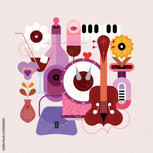 Photography Colour vector design of music instruments, cocktails, wine bottle and fashionable handbag isolated on a light background