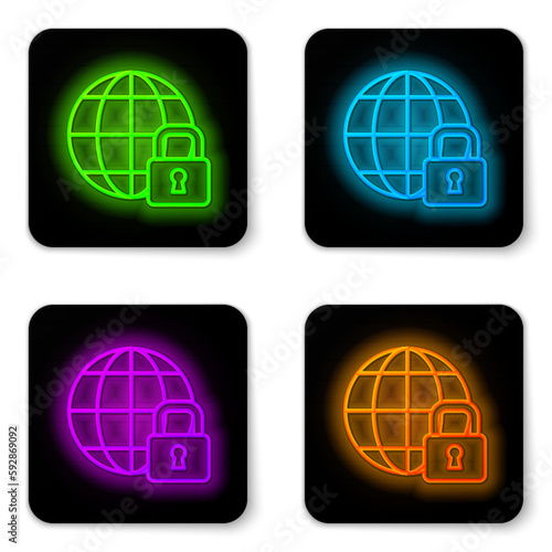 Glowing neon line Global lockdown - locked globe icon isolated on white background. Black square button. Vector