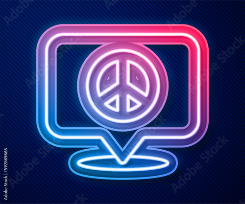 Glowing neon line Location peace icon isolated on blue background. Hippie symbol of peace. Vector