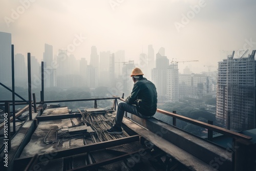 scaffolder sitting on a platform, smoking and looking at the cityscape, created with generative ai photo