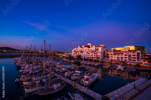 Colorful sunset over the Marina Bay in Gibraltar, a British Overseas Territory. UK