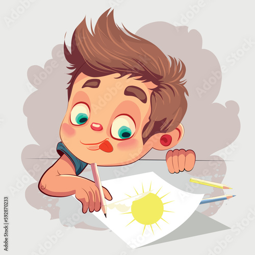 Child Holding Drawings of Sun and Clouds on Paper Isolated on White Background. Little Kid Character Creativity  Talents  Painting Hobby  Educational Class Concept. Cartoon People Vector Illustration.
