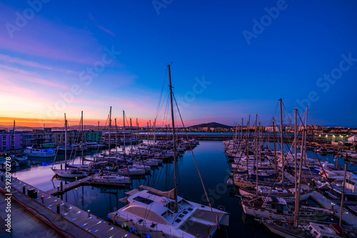 Colorful sunset over the Marina Bay in Gibraltar, a British Overseas Territory. UK