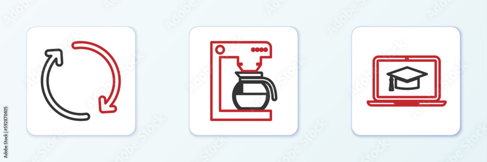 Set line Graduation cap on laptop, Refresh and Coffee machine with pot icon. Vector Set line Graduation cap on laptop, Refresh and Coffee machine with pot icon. Vector