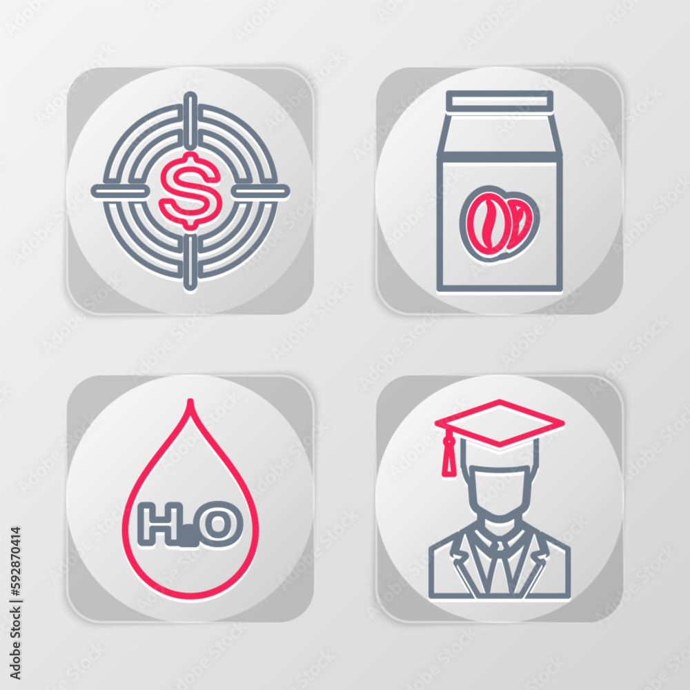 Set line Graduate with graduation cap, Water drop H2O, Coffee beans in bag and Target dollar icon. Vector Set line Graduate with graduation cap, Water drop H2O, Coffee beans in bag and Target dollar icon. Vector
